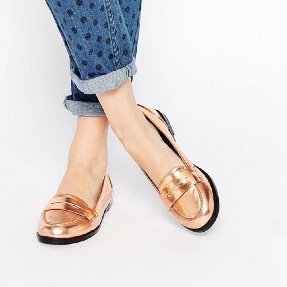 ASOS Metallic Copper Penny Loafer Classic Vegan Slip On Flats Sz 6 Quiet Luxury